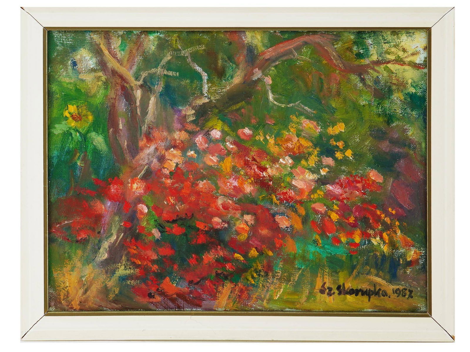POLISH LANDSCAPE OIL PAINTING BY SZCZEPAN SKORUPKA: Szczepan Skorupka, Polish, 1903 to 1997, oil painting on canvas depicting a landscape with flowers, 1987. Signed and dated, lower right. Framed. Additionally signed and dated, on the backside. Szczepa