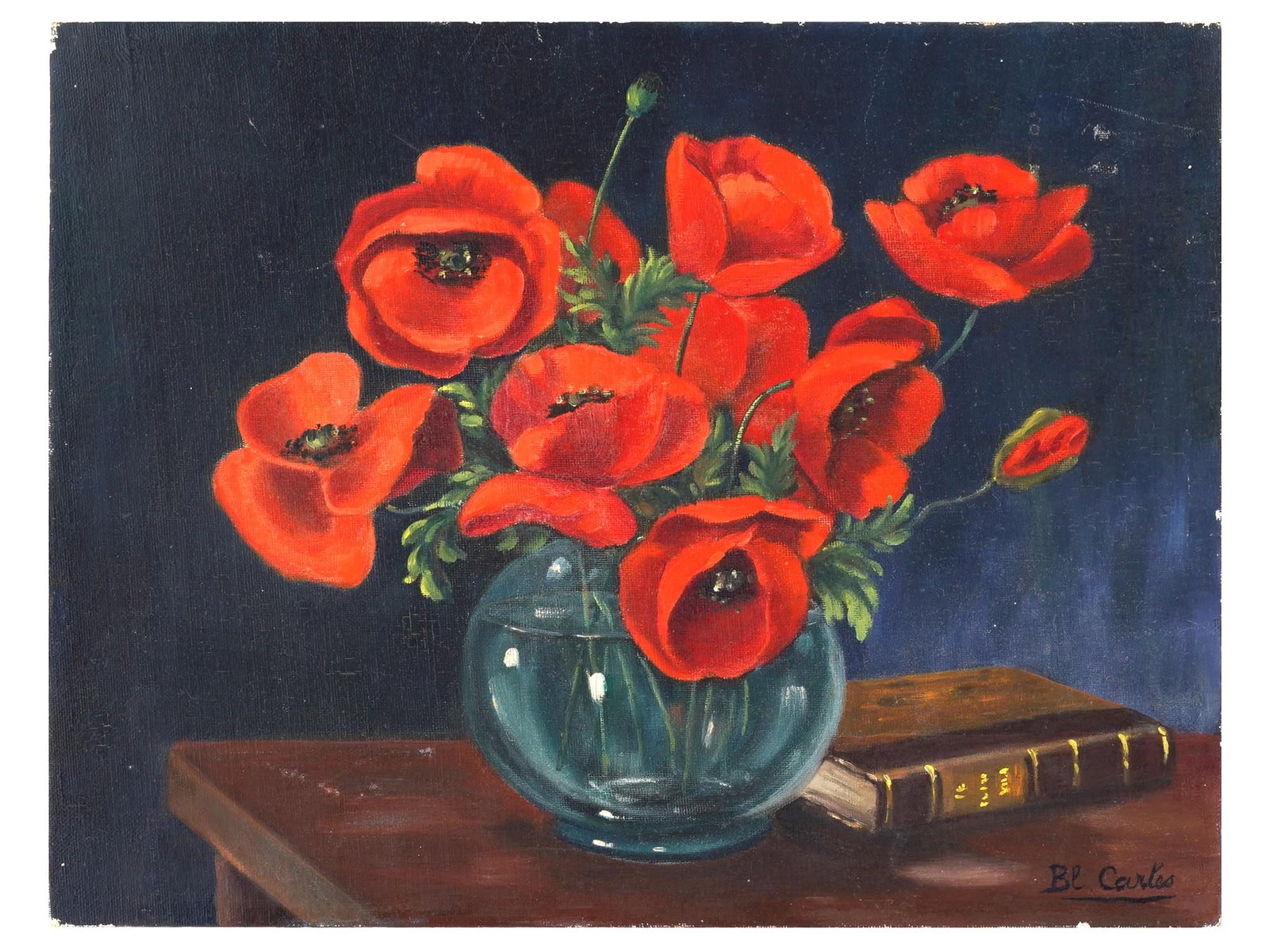 VINTAGE FLORAL STILL LIFE OIL PAINTING SIGNED: Oil on canvas board painting. Late 20th century. The artwork depicts a still life with a bouquet of poppy flowers and book. Signed by the artist in the lower right, Bl. Carles. Collectible Fine Art An