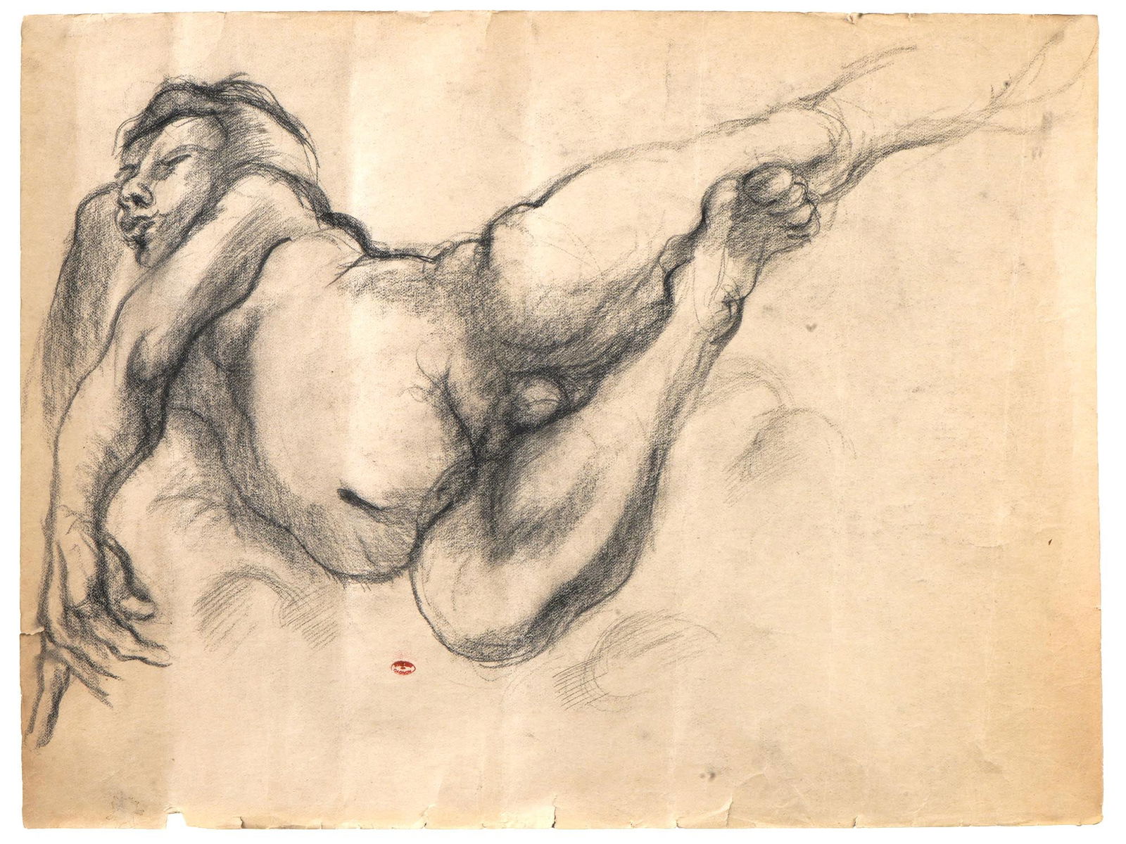 CLARENCE GAGNON CANADIAN NUDE CHARCOAL PAINTING: Charcoal on paper drawing by Clarence Gagnon, 1881 to 1942, a French Canadian landscape artist. This lot is a sketch of a reclining female nude. Atelier Gagnon stamp in the bottom middle. Undated. Col