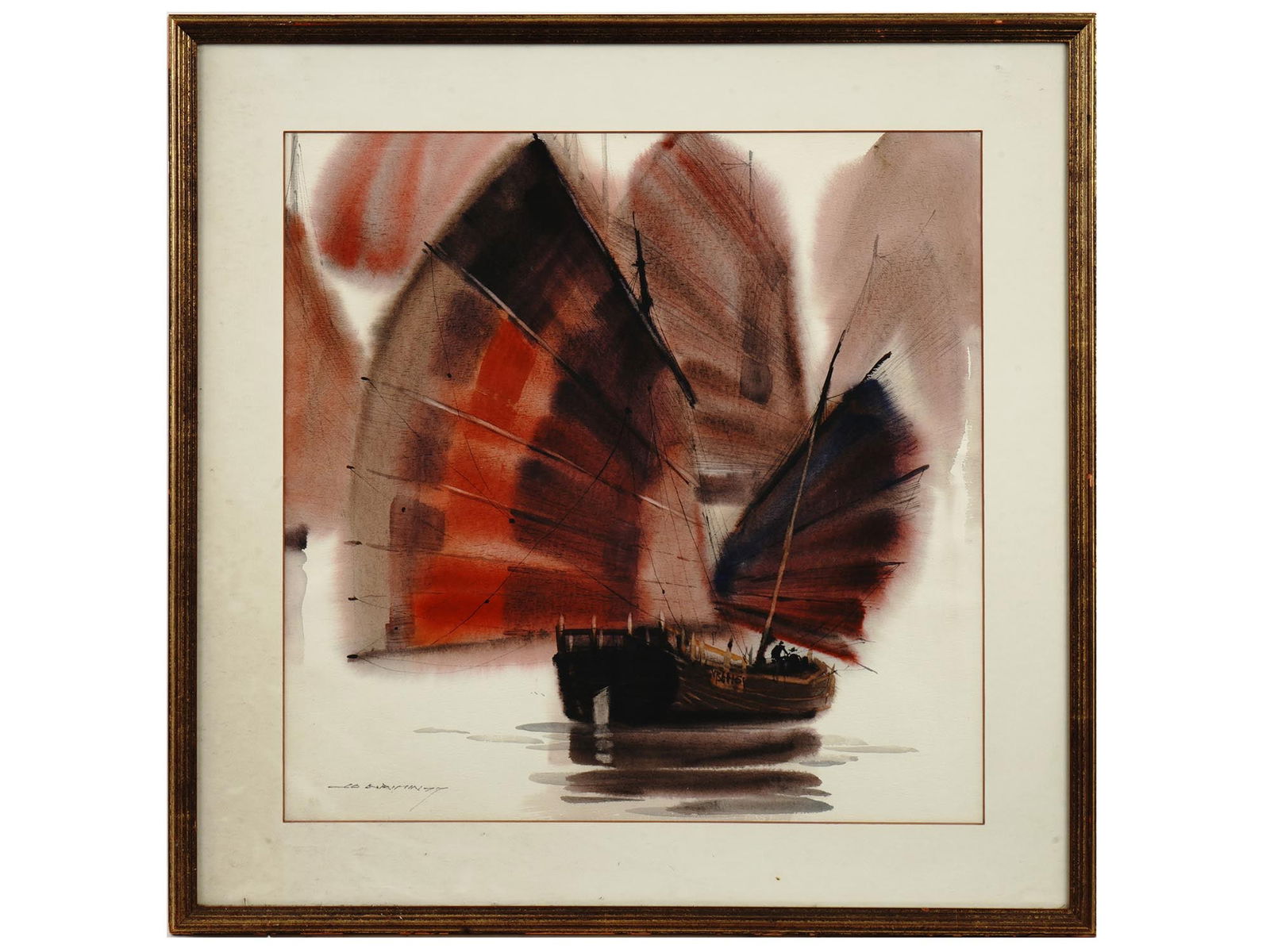 CHINESE JUNKSHIP WATERCOLOR PAINTING SIGNED: Watercolor on paper painting. Late 20th century. The artwork represents a junk with red sails on water. Fine quality. Illegibly signed by the artist in the lower left. White mat, wooden frame. A junk