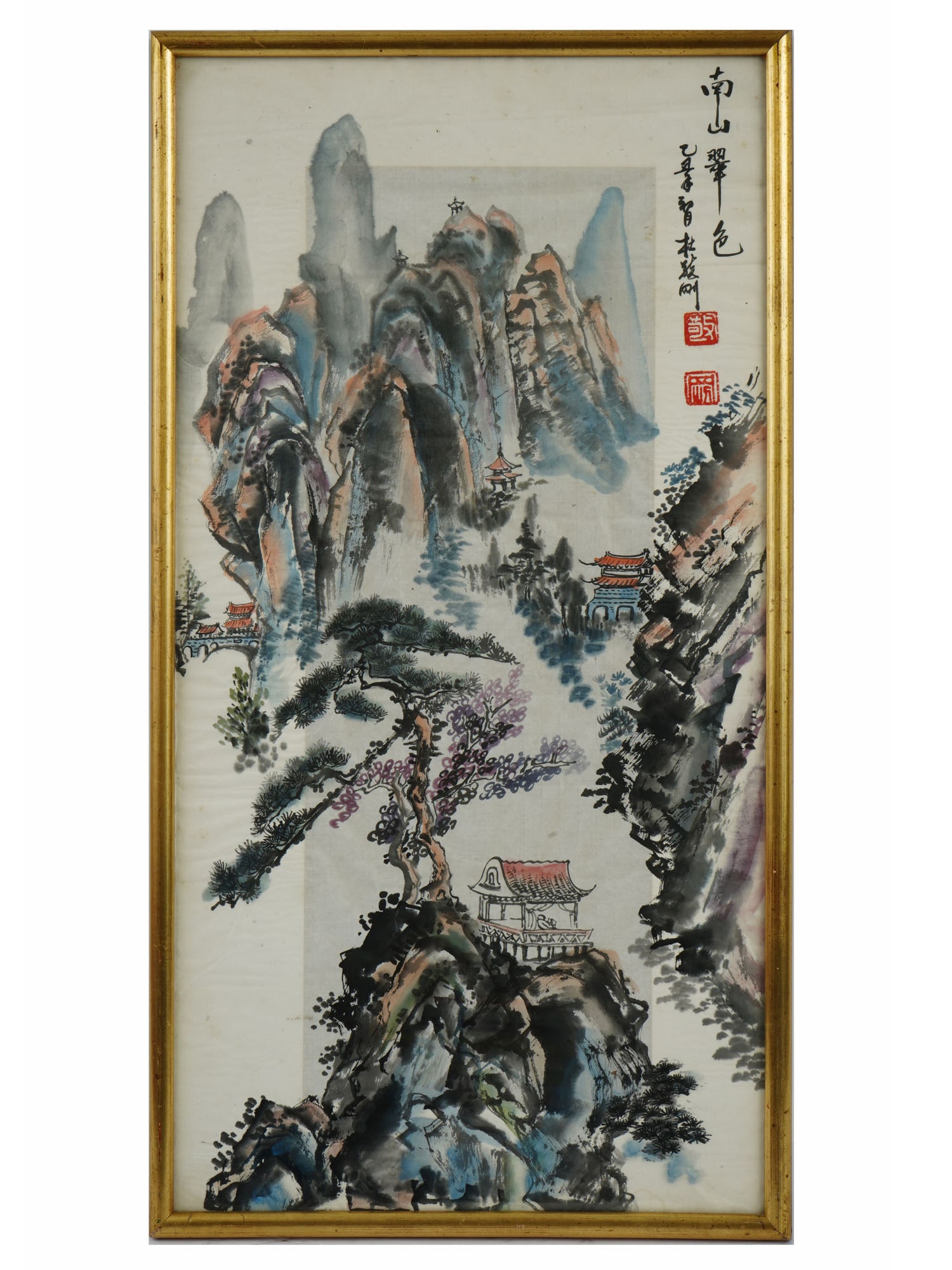ANTIQUE CHINESE WATERCOLOR PAINTING ON RICE PAPER: An antique Chinese late Qing dynasty watercolor painting on rice paper depicting a mountain forest landscape with houses among blooming trees. Inscribed with Calligraphy, upper right. Framed. Circa th