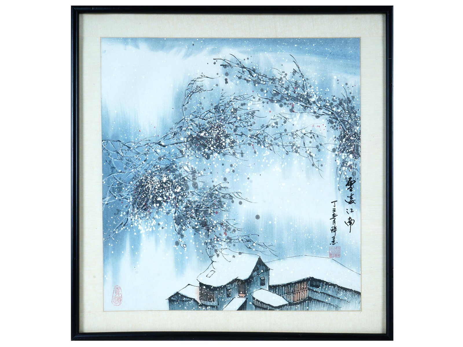 CHINESE WINTER INK AND WATERCOLOR PAINTING SIGNED: A Chinese mixed media, ink and watercolor, painting on paper depicting houses in a winter landscape. Inscribed with Calligraphy, and an iron red seal, lower right. A red seal, lower left. Framed. Anti
