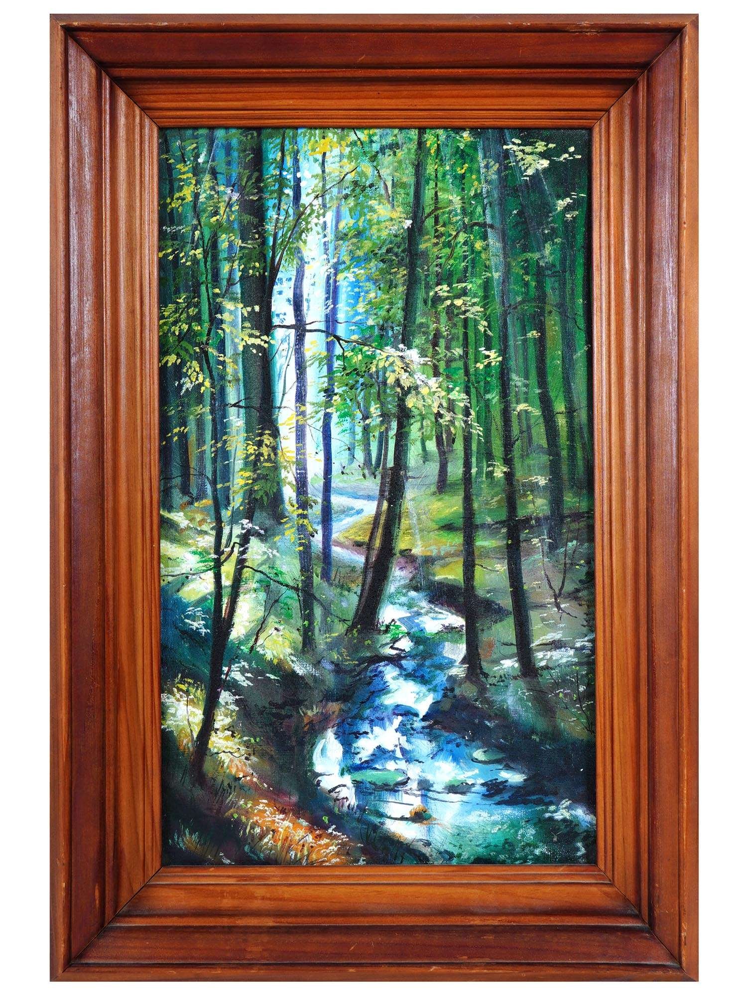 CONTEMPORARY UKRANIAN RIVER LANDSCAPE OIL PAINTING: Oil on canvas painting. Ukranian, late 20th century. The artwork depicts a forest stream. Unsigned. Wooden frame. Collectible Fine Art And Wall Decor, Nature. Dimensions: Frame 24 x 16 in. Canvas All 