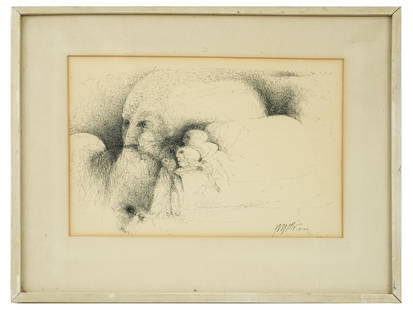 MANNER OF EMILIO GRECO ABSTRACT INK DRAWING SIGNED: Ink on paper drawing. Mid-20th century. In the manner of Emilio Greco, 1913 to 1995, an Italian monumental sculptor and engraver. The artwork depicts abstract human faces. Illegibly signed by the arti