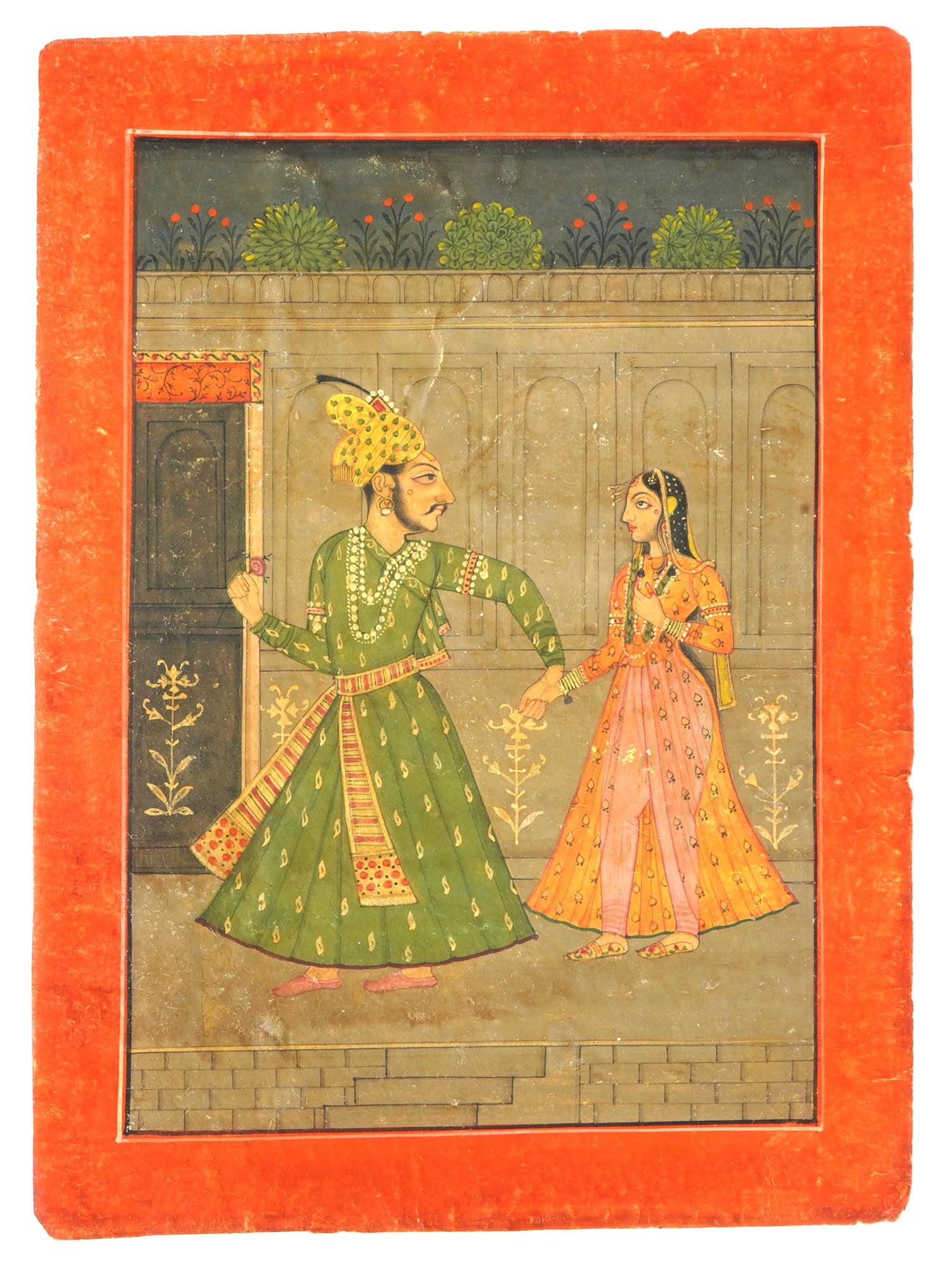 MINI ANTIQUE INDIAN PAHARI SCHOOL MIXED MEDIA PAINTING: A miniature antique Indian Pahari school, probably Mankot, mixed media, ink, watercolors, gouache, and gold, laid down on paper painting. The painting depicts a scene with Princess and pronce in a cou