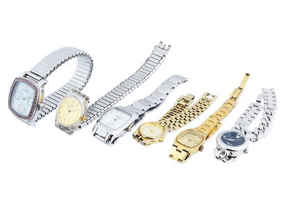 LOT OF ASSORTED SWATCH SKAGEN DISNEY WRIST WATCHES: A collection of six assorted wrist watches with chain bracelets. The collection includes Swatch; Kenneth Cole New York Japan Movement All Stainless Steel Water Resistant, numbered KC 4497 A126 08; Ska