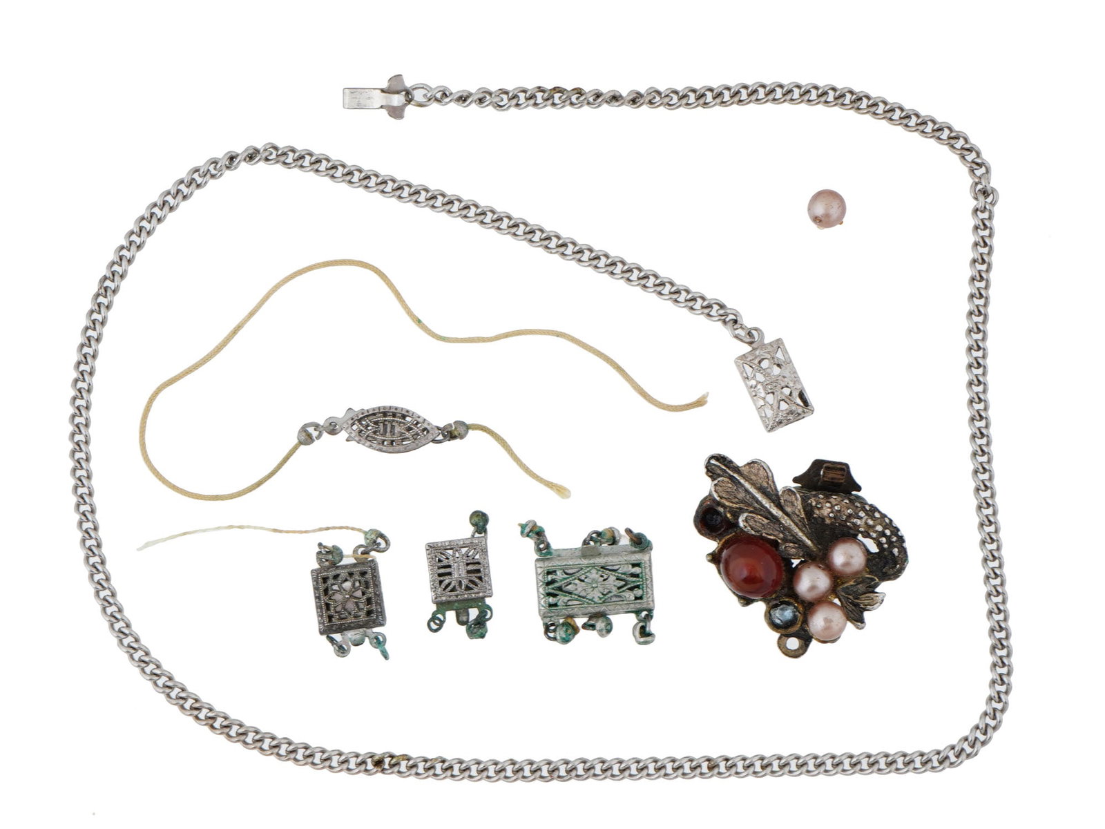 VINTAGE JEWELED STERLING SILVER JEWELRY CLASPS: A lot of vintage jewelry clasps. A total of 6 items. Fish hook and box clasp type. Some pieces are sterling silver, marked. Single jeweled piece, pearls and semiprecious stones. One clasp comes with a