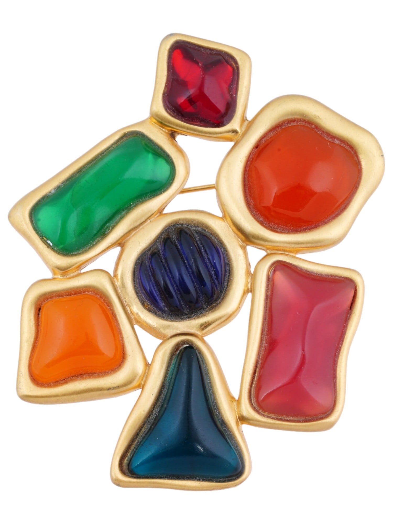 VINTAGE CHANEL STYLE MULTICOLOR JEWELED BROOCH: A vintage gold-tone metal pin brooch. The piece is set with frosted mutlicolor glass of various shape and size. 1950s Chanel style. Copyright mark on the backside. Elegant Costume Jewelry And Lapel Ac