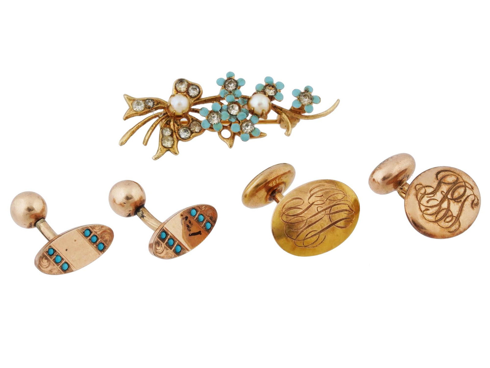 VINTAGE 10K GOLD FILLED CUFFLINKS AND PIN BROOCH: A lot of vintage 10K yellow gold-filled jewelry. A total of 3 items. First. A pair of whale-back cufflinks with stylized monogram, marked 10K, Feirar and Co. on the backing. Second. A pair of whale-ba