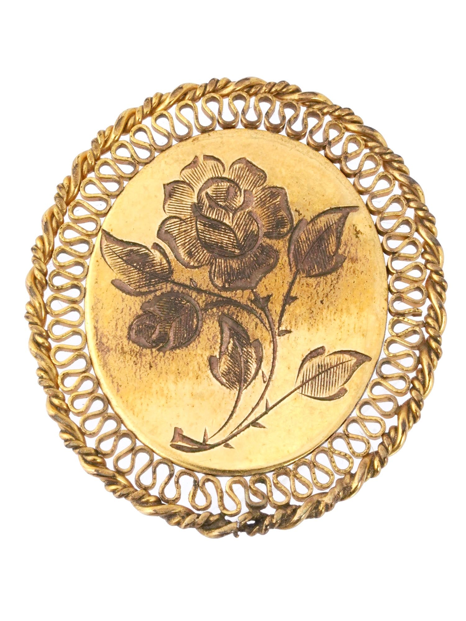 VINTAGE WINARD II 12K GOLD FILLED FLOWER PIN BROOCH: A vintage Winard II 12K gold filled pin brooch, featuring a stunning piece of jewelry featuring delicate craftsmanship and elegant design. Adorned with an engraved rose flower, the brooch exudes a sen