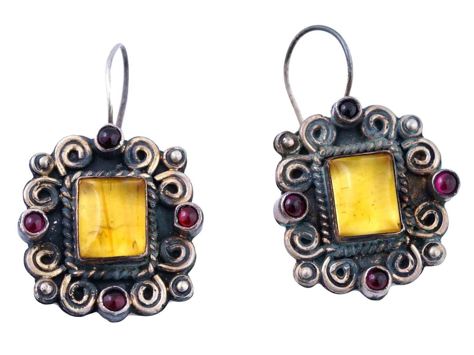 ANTIQUE 925 STERLING SILVER GARNET AMBER EARRINGS (1 of 5)