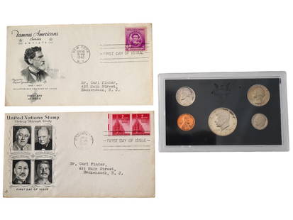 1940S AMERICAN FIRST DAY COVERS AND SILVER COINS: A lot of two American First Day Covers. Famous Americans series, Artists, Augustus Saint-Gaudens, 1940. United Nations, Victory Through Unity, 1943. The lot also includes a 1972 US Proof Set, a total