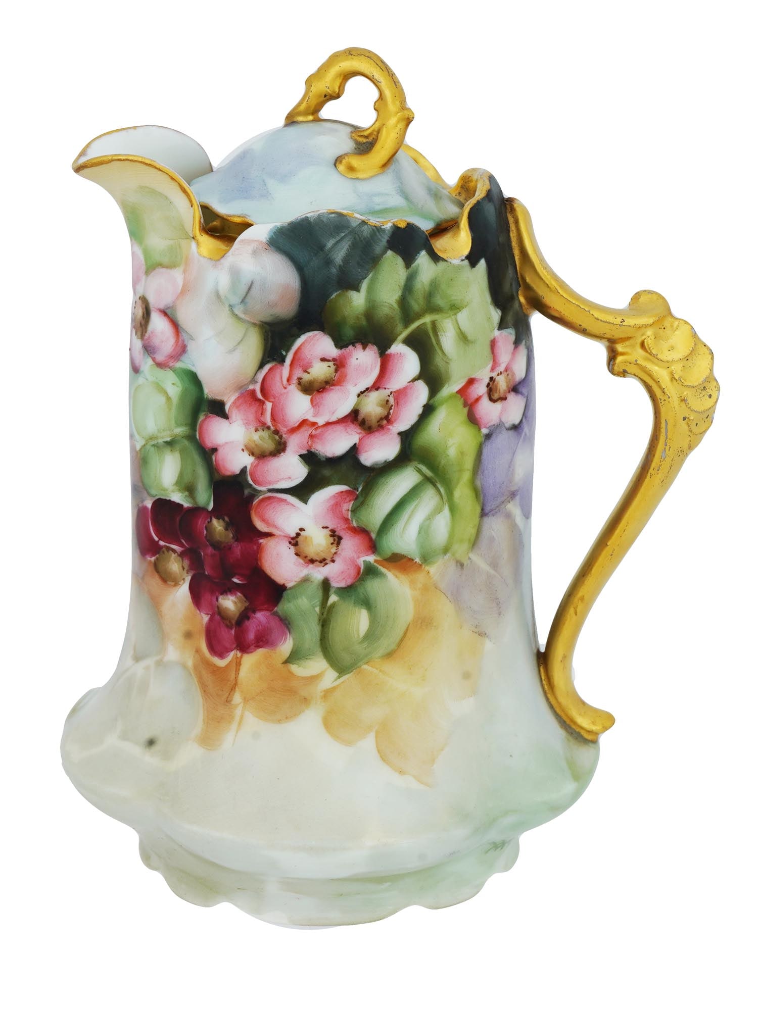 ANTIQUE PORCELAIN ROSENTHAL SEVRES BAVARIA CHOCOLATE POT: An antique Rosenthal Sevres Bavaria porcelain chocolate pot. Circa 1900. Hand painted all over above the glaze with a floral pattern on a white surface background. Delicate shape, expanding to the bot