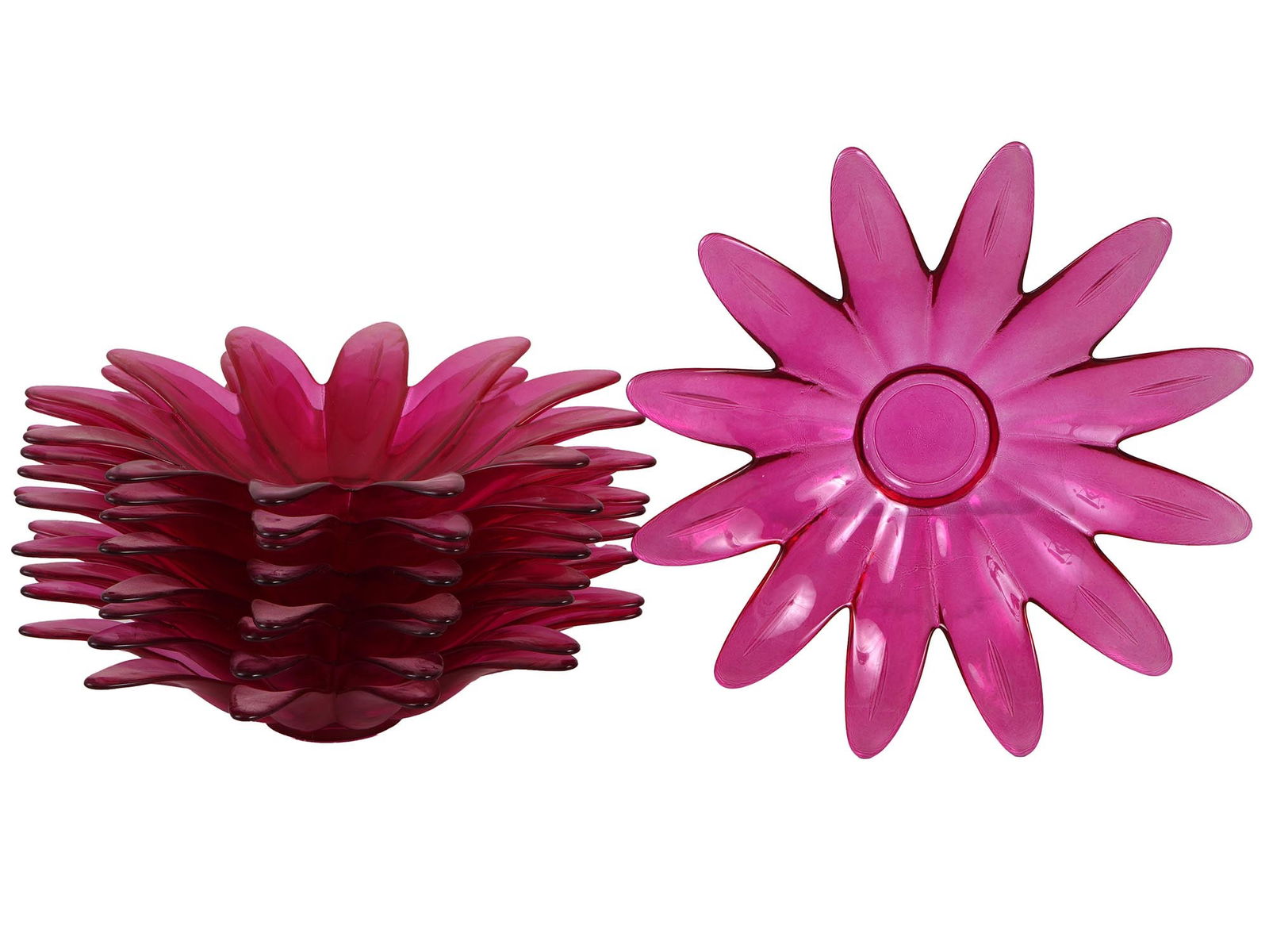 VINTAGE PINK GLASS DAISY BOWLS SET: A set of vintage fuchsia pink glass plates or bowls of daisy flower shape. A total of 9 items. Collectible Glassware, Tableware And Serveware. Dimensions: D 11 1/4 in. H 3 in. All measurements are app