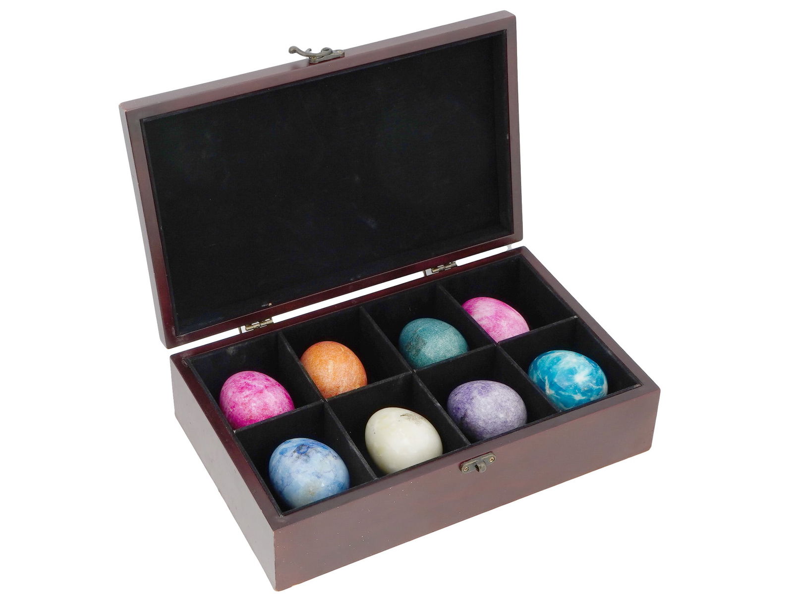 COLLECTION OF EGG SHAPED CARVED STONES IN WOOD BOX (1 of 5)