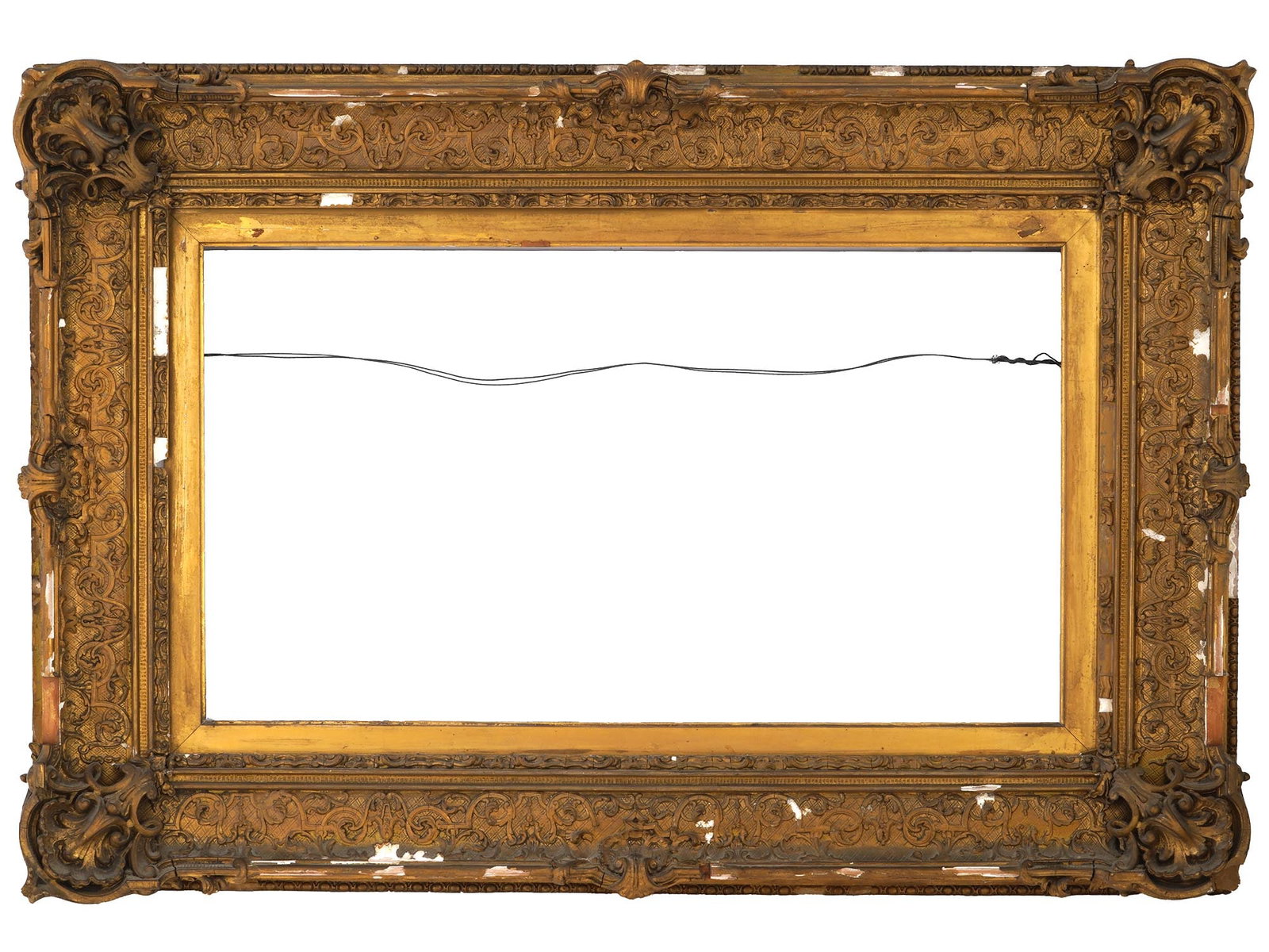 ANTIQUE ENGLISH CRISWICK AND LEPARD WOOD PICTURE FRAME: An antique English London gilt wood picture frame by Criswick and Lepard. Circa early to mid 19th century. On the back there is a manufacturers label and descriptive information about the painting tha