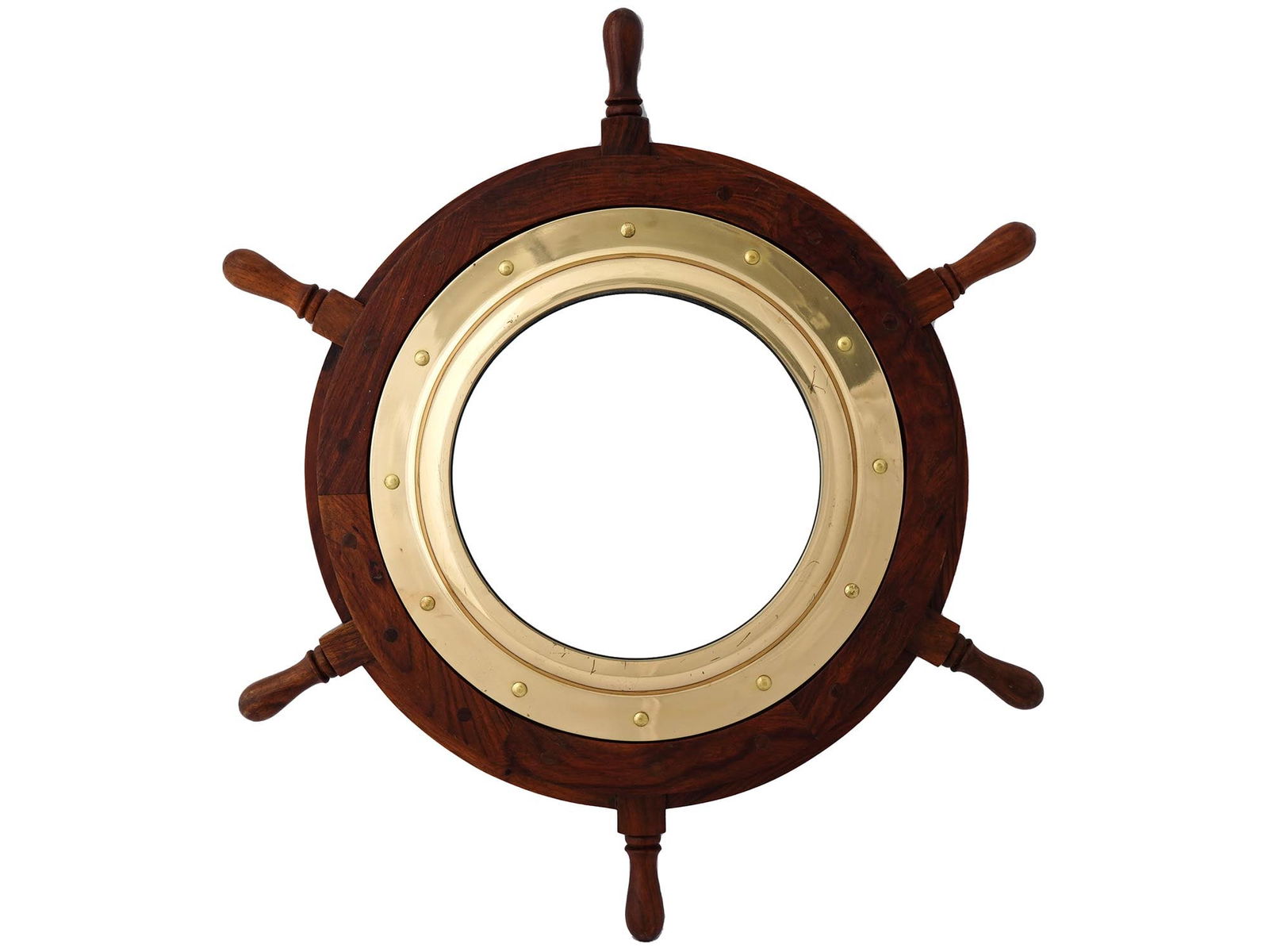NAUTICAL CARVED WOOD BRASS SHIPS WHEEL WALL MIRROR (1 of 3)