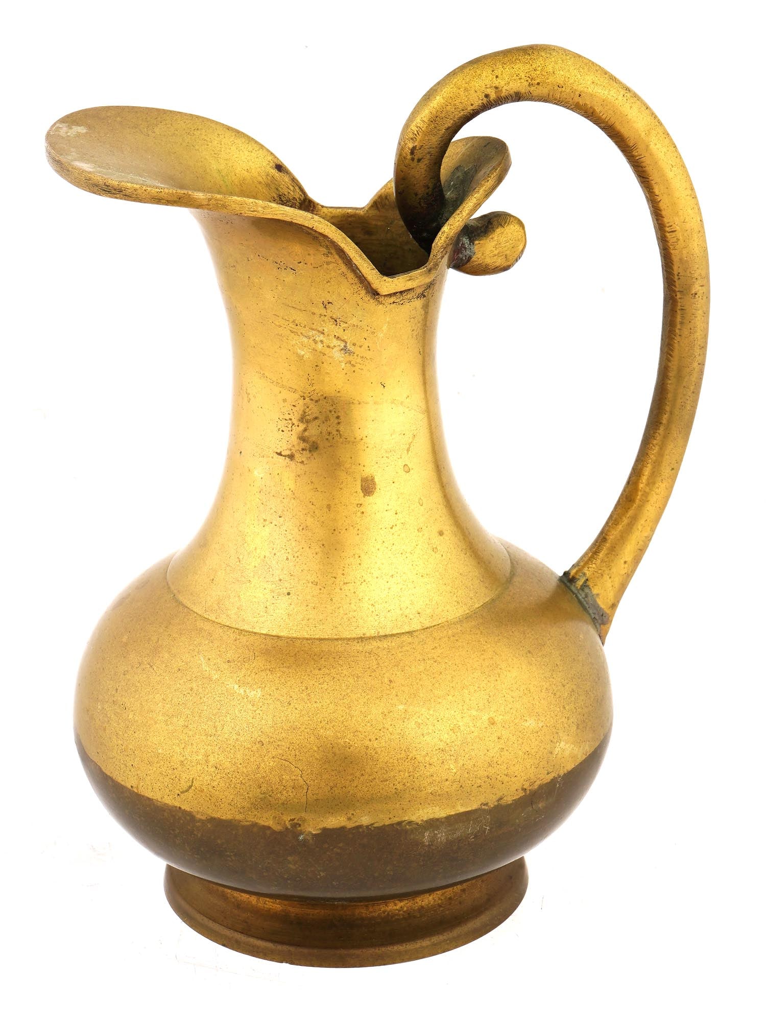 VINTAGE GERMAN GILT SOLID BRASS PITCHER: A vintage gilt solid brass pitcher or jug. Presumably of German origin. Footed piece with an everted beal and swirl-shaped handle. Unmarked. Collectible Tableware And Serveware, Metalwork. Dimensions: