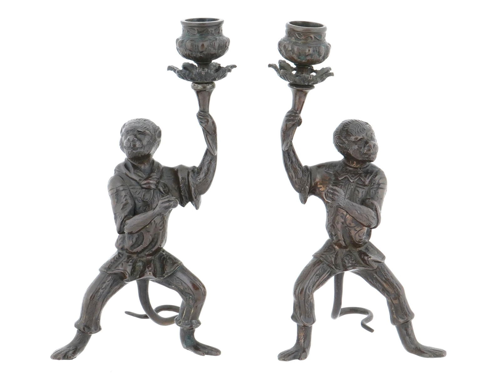 PAIR OF BRONZE MONKEY CANDLESTICKS (1 of 7)