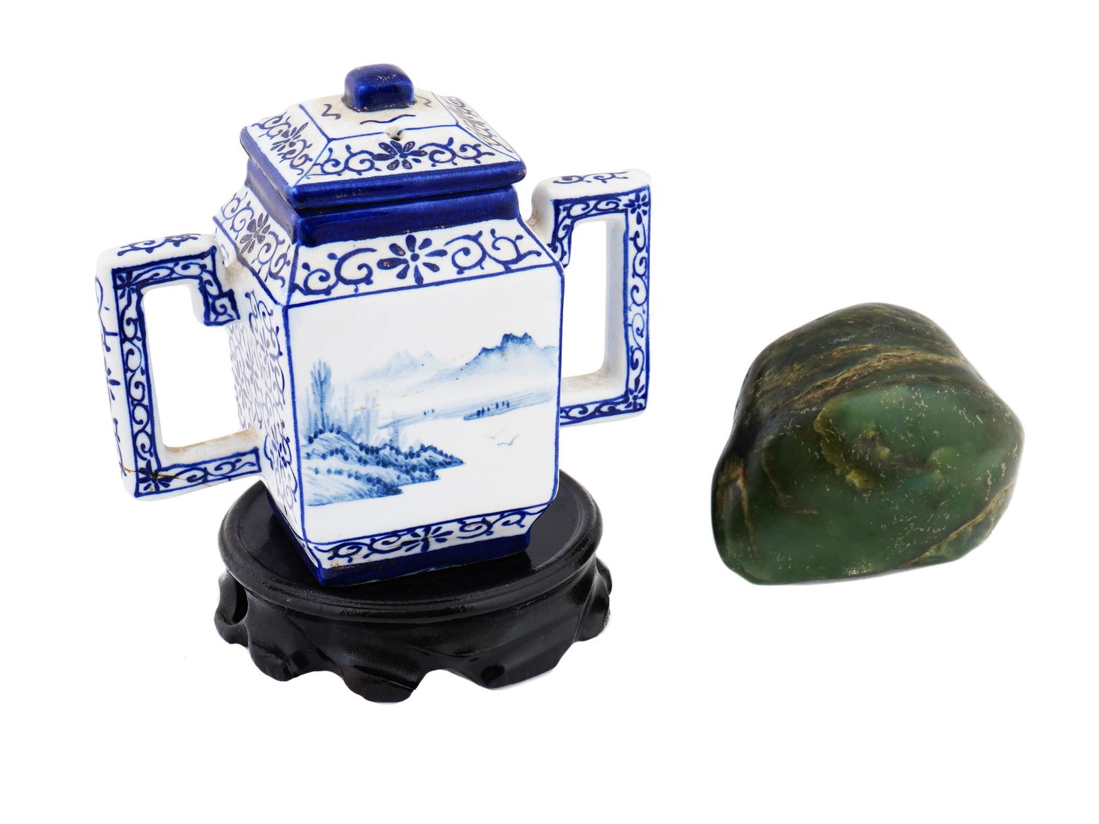 VINTAGE CHINESE BLUE AND WHITE JAR AND RAW JADE STONE (1 of 12)