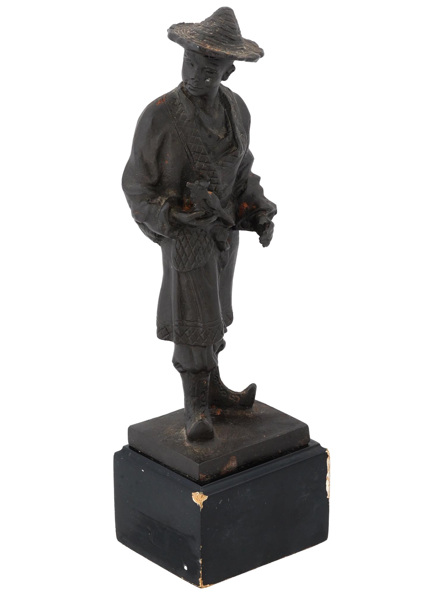 VINTAGE CHINESE CAST IRON STATUE MAN WITH A BIRD (1 of 8)