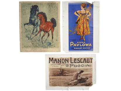 LOT OF THREE VINTAGE AMERICAN AND EUROPEAN POSTERS: A lot of three vintage posters. The first features an American print that depicts a painting of Denes De Holesch, featuring two horses, in a dynamic, stylized pose. The second shows a woman in an orna