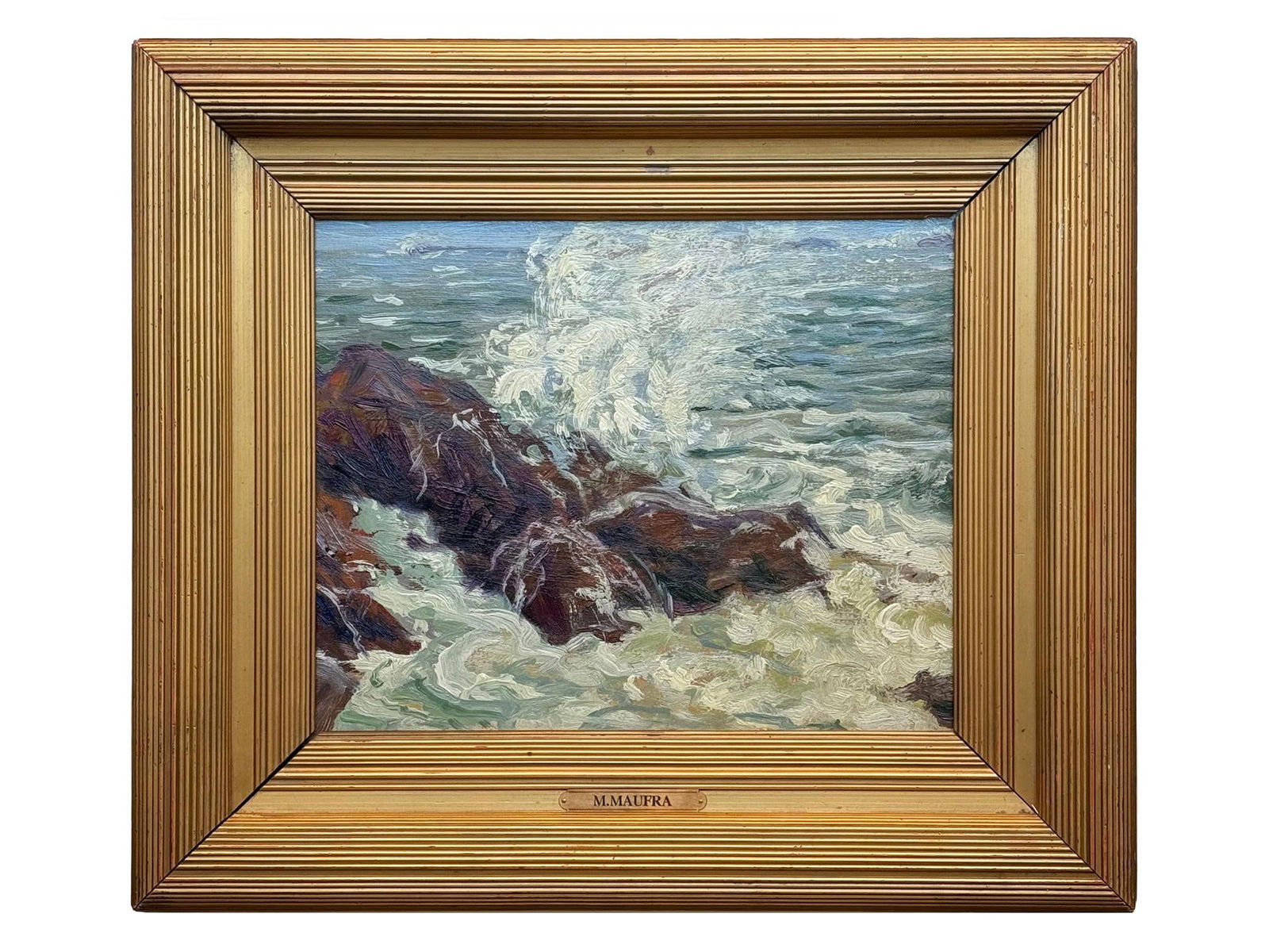 MAXIME MAUFRA FRENCH IMPRESSIONIST OIL PAINTING: Maxime Maufra, French, 1861 to 1918, an oil on board painting depicting an impressionist seascape. Housed in an old gilt wood frame with a metal name plate below. Maxime Maufra was a French landscape