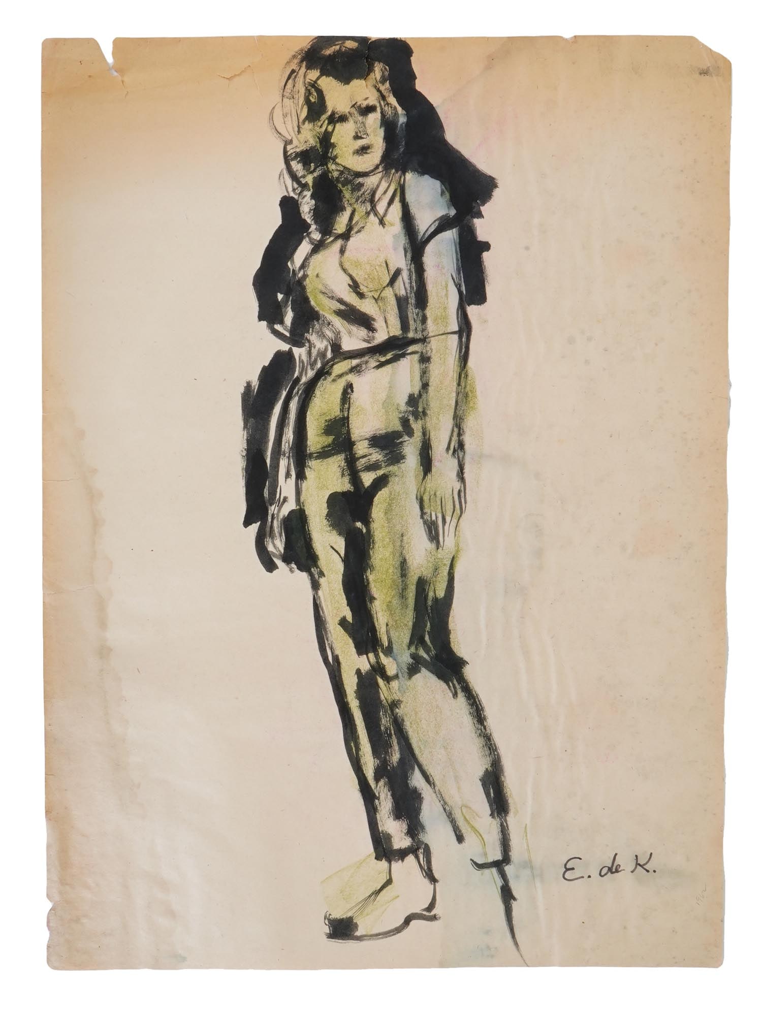 ATTR TO ELAINE DE KOONING AMERICAN MIXED MEDIA PAINTING: Ink and watercolor on paper painting. Attributed to Elaine Fried de Kooning, 1918 to 1989, an American Expressionist artist and art critic, wife of the painter Willem de Kooning. The artwork is a stud