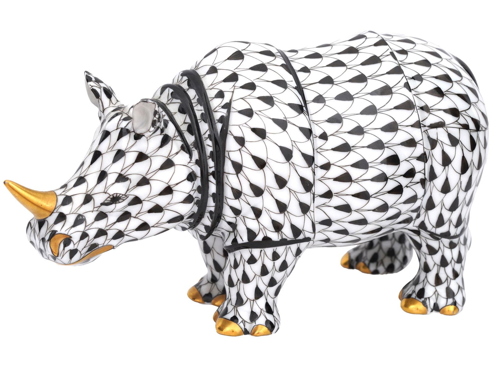LARGE HEREND FISHNET DESIGN RHINO PORCELAIN FIGURINE (1 of 9)