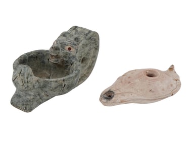 ANCIENT TERRACOTTA OIL LAMP AND GRANITE VESSEL
