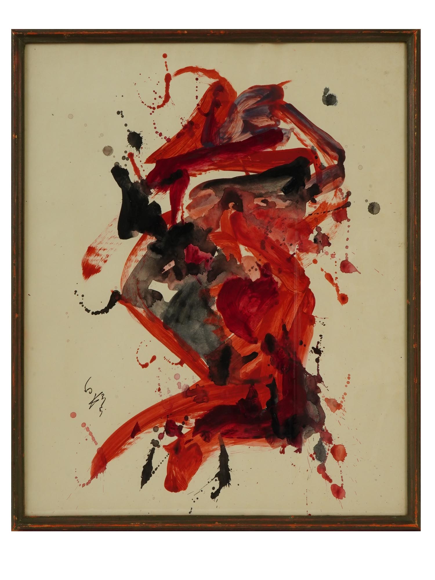KAZUO SHIRAGA MANNER ABSTRACT MIXED MEDIA PAINTING: A Modern mixed media painting on paper depicting an abstract composition in the manner of Kazuo Shiraga, Japanese, 1924 to 2008. Inscribed with characters, lower left. Framed. Kazuo Shiraga was an abs