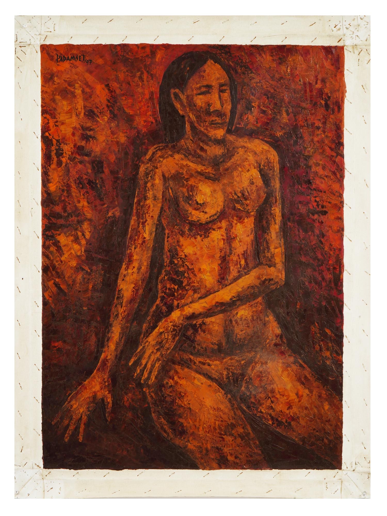 MODERN INDIAN PAINTING ATTR TO AKBAR PADAMSEE: Attributed to Akbar Padamsee, Indian, 1928 to 2020, an oil painting on canvas depicting a nude female portrait. Signed upper left and dated 1997. Akbar Padamsee was an artist and painter, considered o
