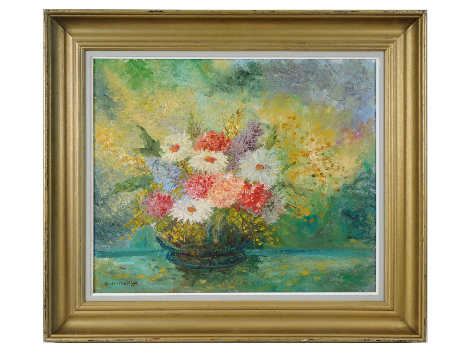 MANNER OF HENRI MATISSE FRENCH STILL LIFE PAINTING: Oil on canvas painting. In the manner of Henri Matisse, 1869 to 1954, a prominent French Modernist artist. The artwork is a floral still life. Signed in the lower left. Golden frame. Provenance: priva