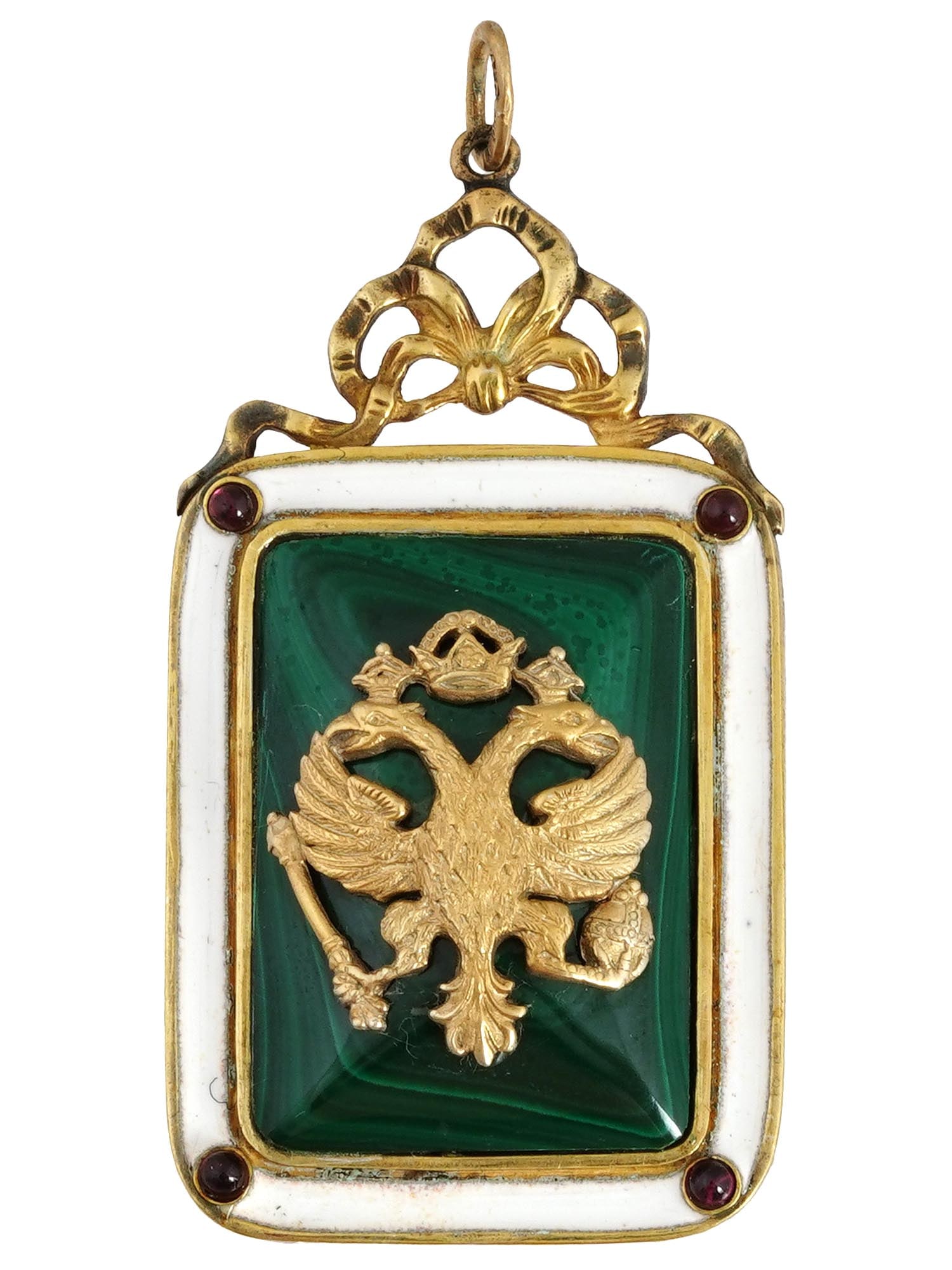 RUSSIAN GILT SILVER ENAMEL MALACHITE EAGLE PENDANT (1 of 4)