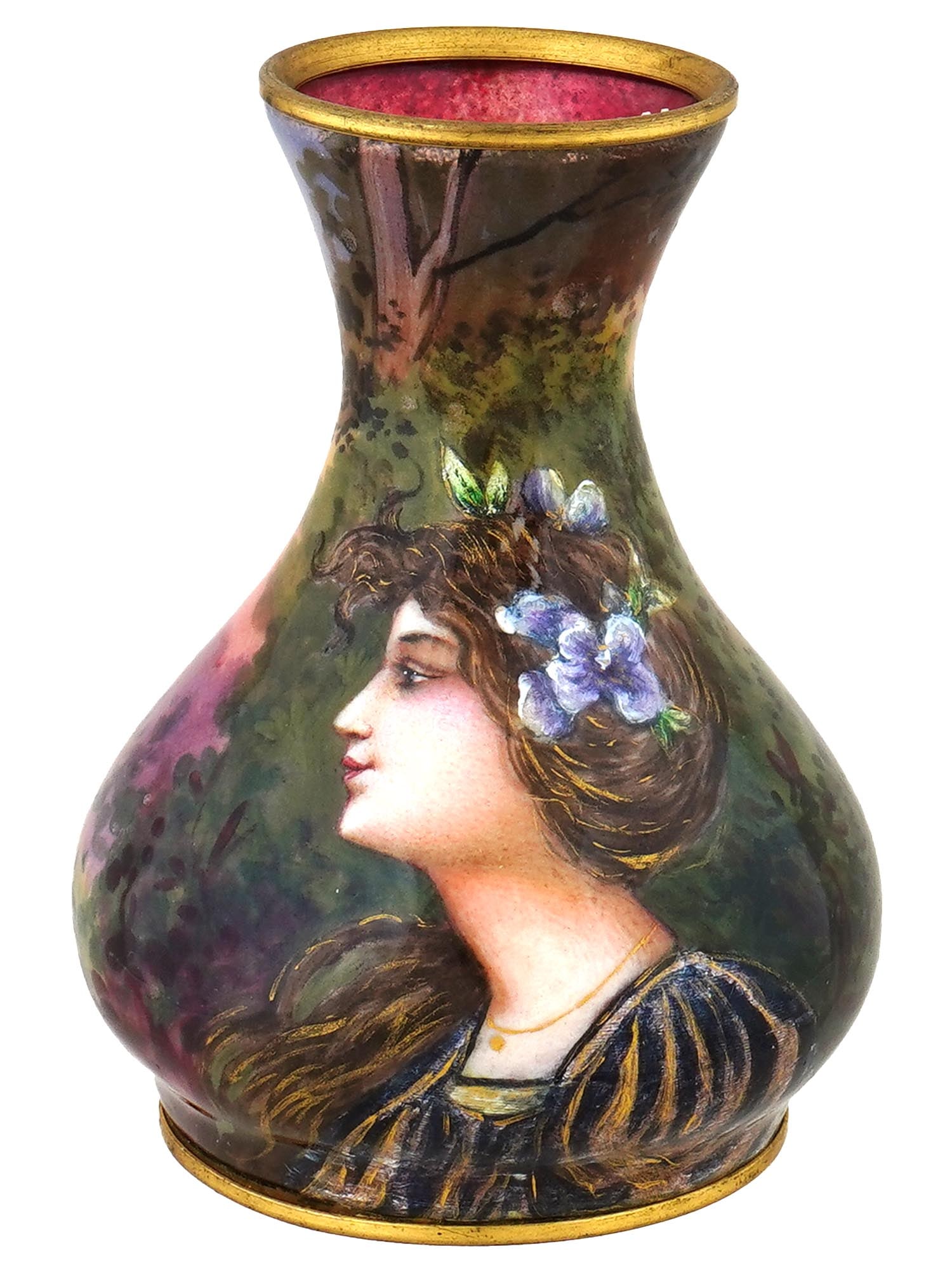 ANTIQUE FRENCH LIMOGES ENAMEL PORTRAIT OVER BRASS VASE (1 of 6)