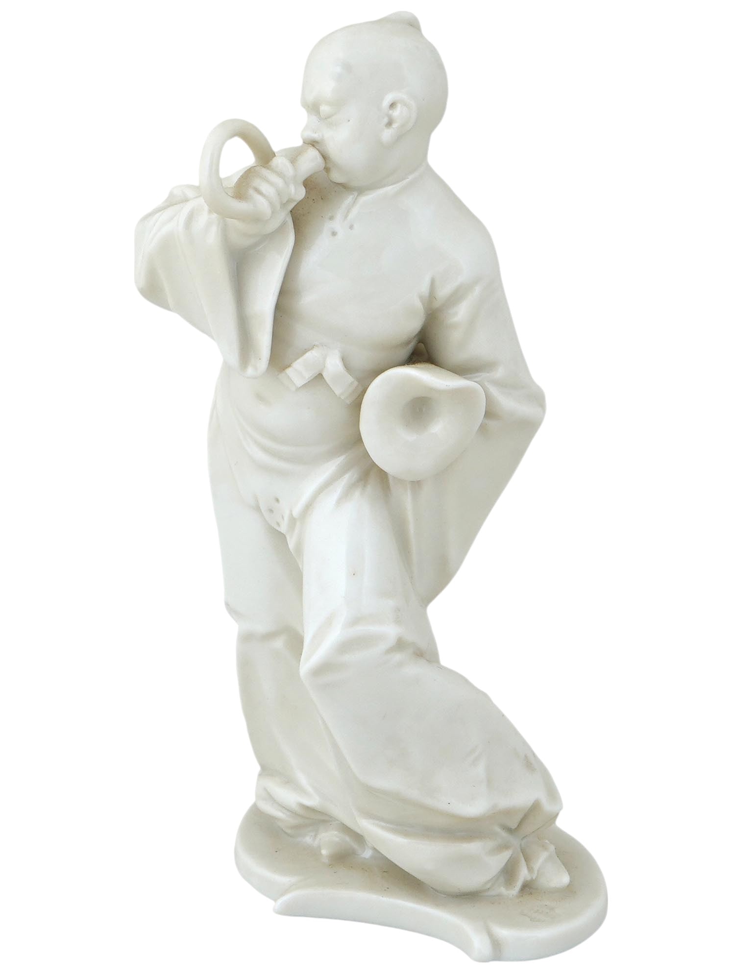 ANTIQUE NYMPHENBURG PORCELAIN CHINESE MUSICIAN FIGURINE: An antique German porcelain figurine depicting a Chinese musician, designed by Franz Anton Bustelli, a renowned German modeller active from 1754 to 1763. Manufactured by the Bavarian Nymphenburg Porce
