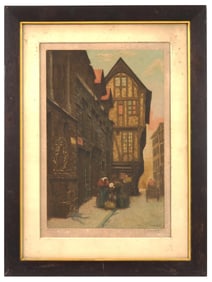 ANTIQUE EUROPEAN CITYSCAPE COLOR LITHOGRAPH SIGNED