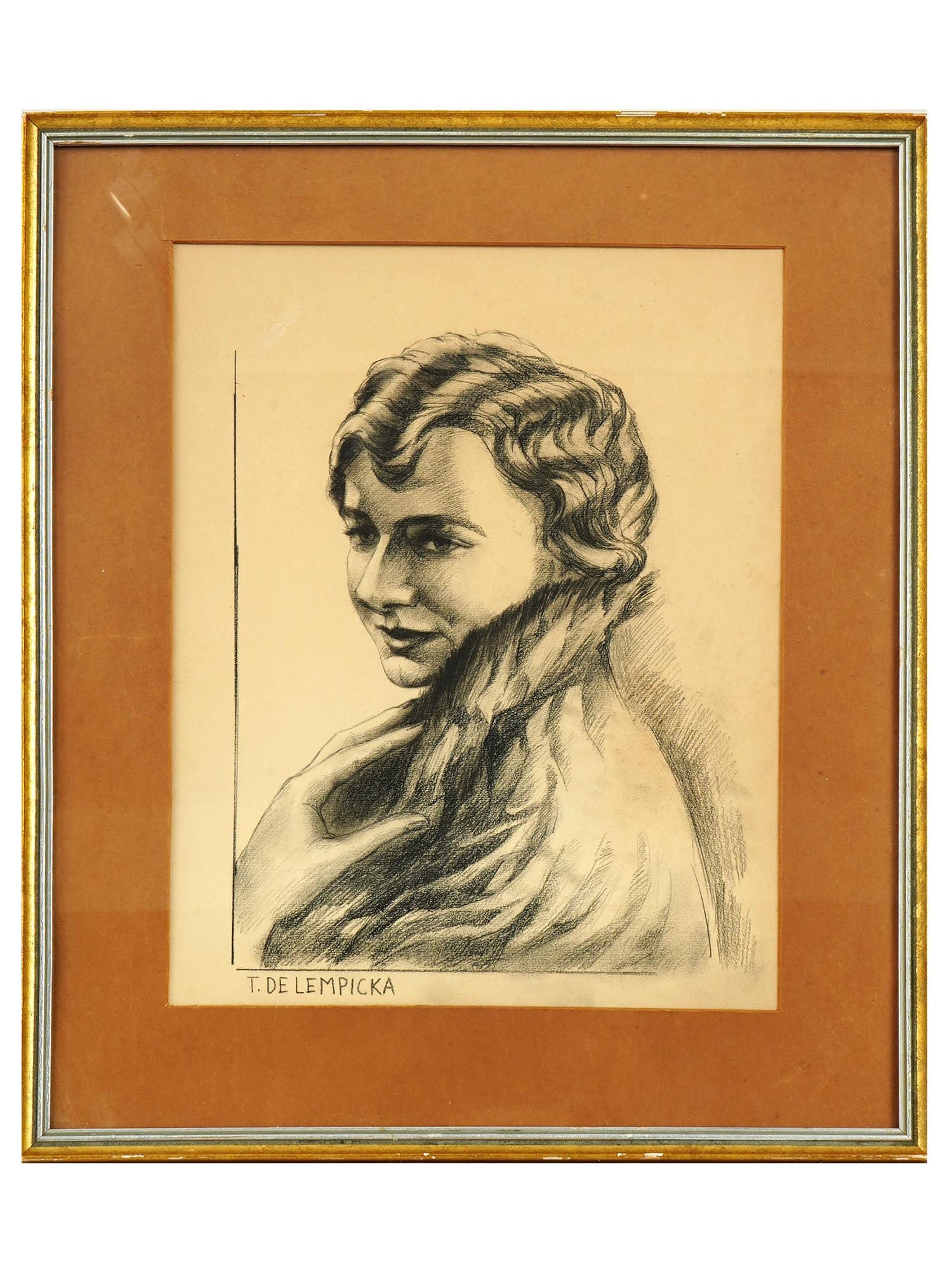 TAMARA LEMPICKA CHARCOAL FEMALE PORTRAIT PAINTING: A charcoal painting on paper depicting a portrait of a woman. Signed, T. Lempicka, lower left. Framed. Tamara de Lempicka, was a Polish painter who spent her working life in France and the United Stat