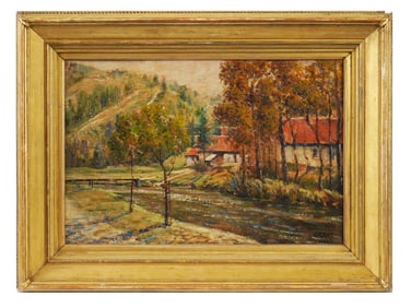 GRANT WOOD AMERICAN LANDSCAPE OIL PAINTING