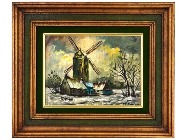 MID CENT WINDMILL LANDSCAPE OIL PAINTING SIGNED