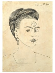 ATTR TO FRIDA KAHLO SELF PORTRAIT PENCIL PAINTING