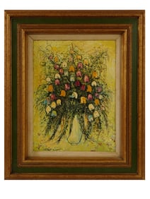 MID CENTURY STILL LIFE OIL PAINTING BY K. MARION