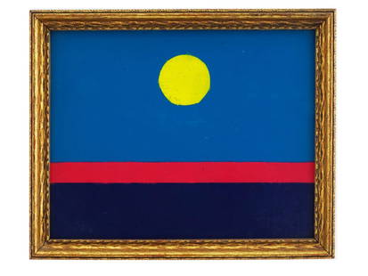 ABSTRACT ARAB LEBANESE OIL PAINTING BY ETEL ADNAN: Etel Adnan, Lebanese, 1925 to 2021, oil painting on canvas panel depicting an abstract composition with a sun. Signed on the backside. Etel Adnan was a Lebanese American poet, essayist, and visual art