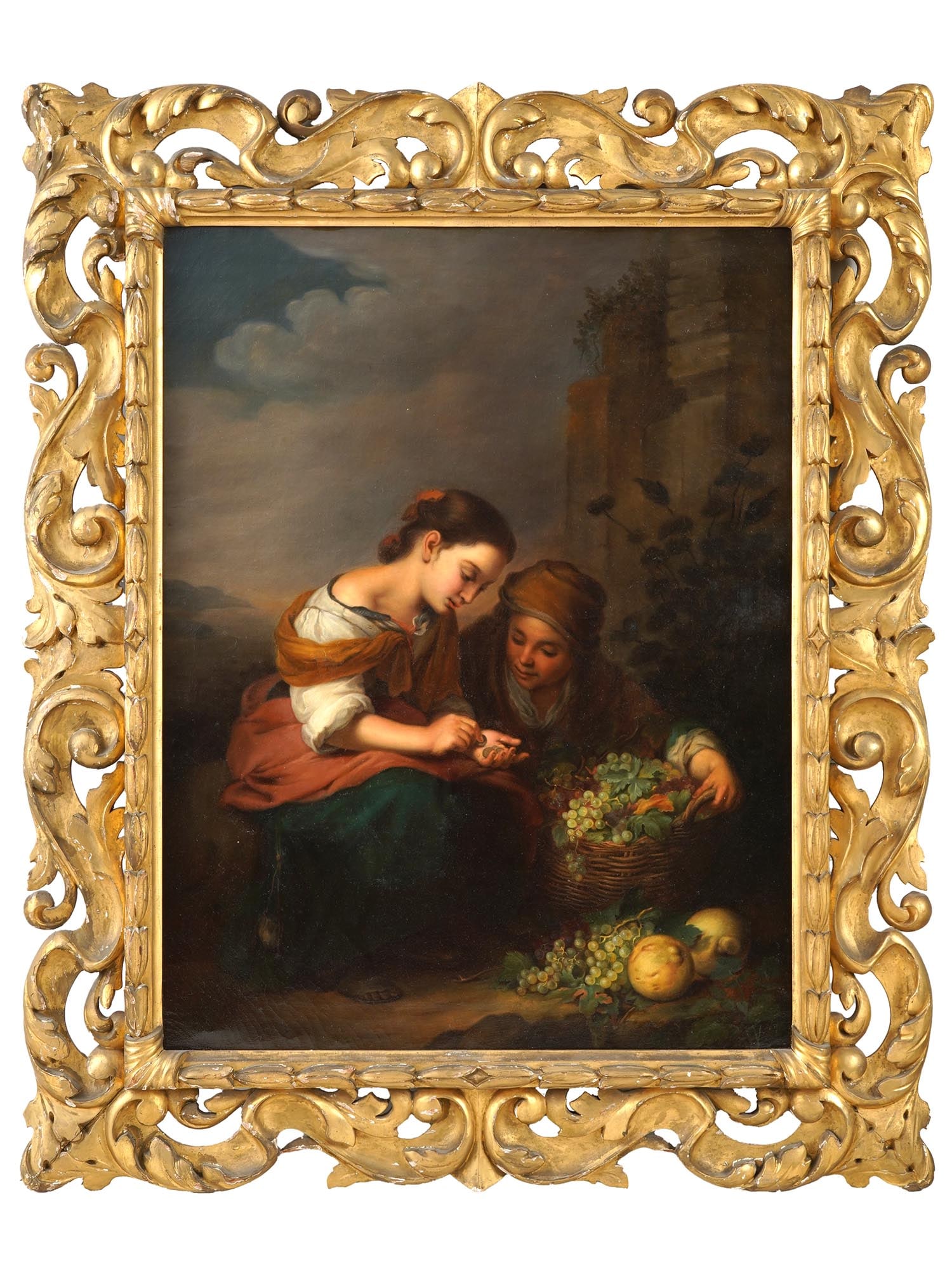 ANTIQUE 19TH C OIL PAINTING AFTER MURILLO: A finely painted antique 19th century oil on canvas copy of The Little Fruit Seller after Bartolome Esteban Murillo, Spanish, 1617 to 1682. Mounted in a finely crafted period giltwood frame richly orn
