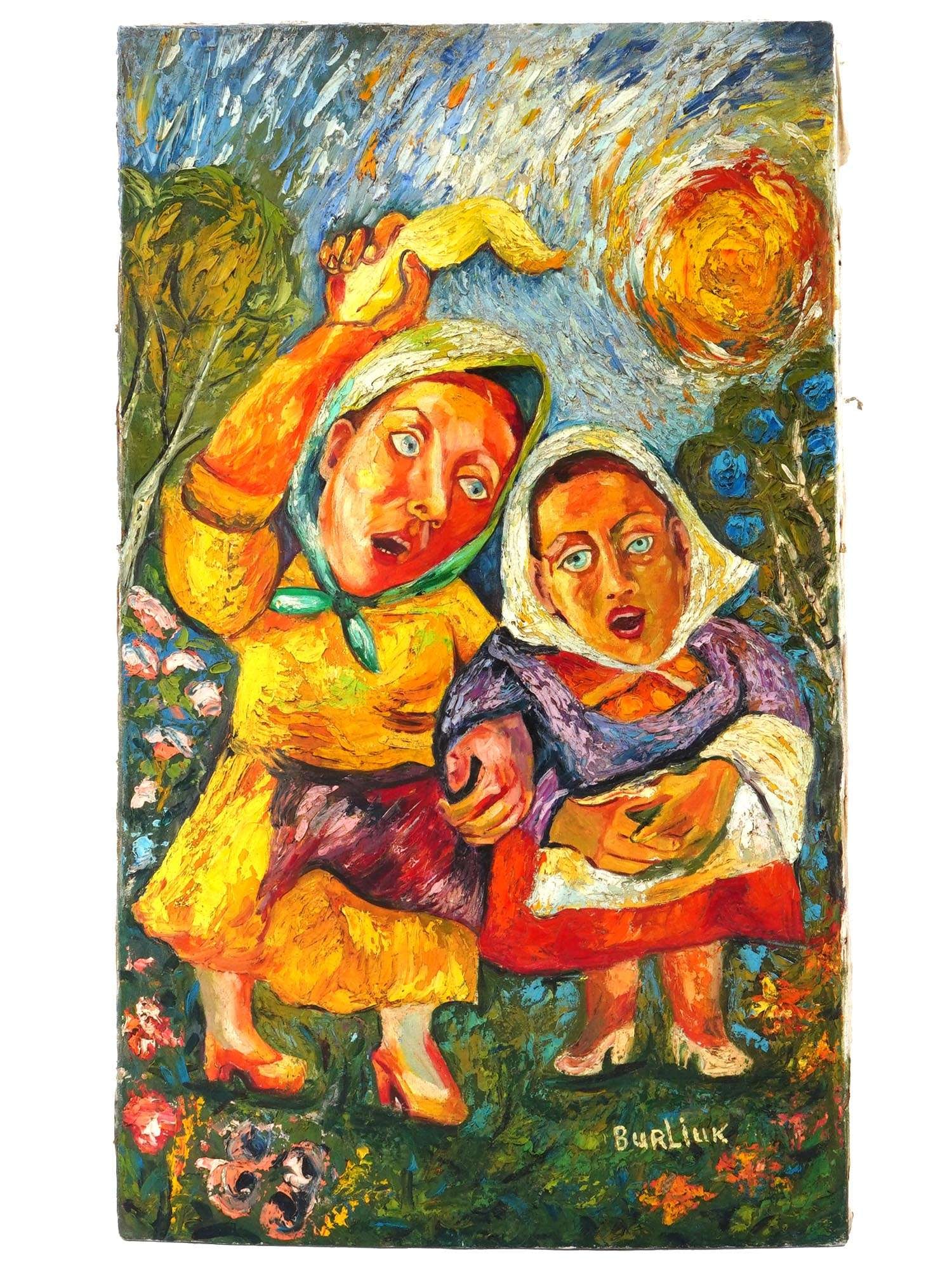 ATTR DAVID BURLIUK UKRAINIAN AMERICAN PAINTING: Attributed to David Burliuk, Ukrainian American, 1882 to 1967, an oil painting on canvas depicting two women singing. Signed lower right. Stamped to the back. Framed. David Davidovich Burliuk was a po