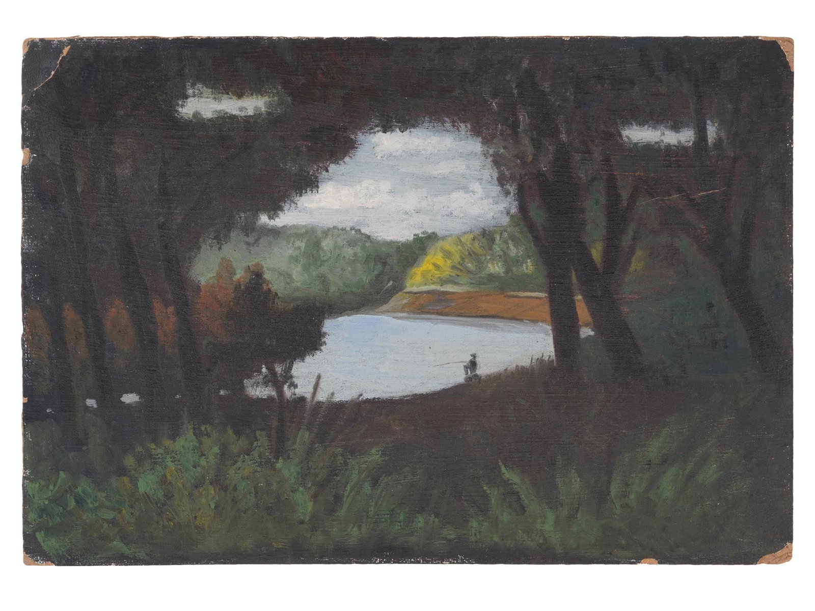 AMERICAN OIL ON BOARD LANDSCAPE PAINTING: An American oil on board landscape painting depicting a scene with a fisherman. Inscribed E.g. to the back. Circa: first half of 20th century. Vintage American Paintings And Art Collectibles. Dimensio