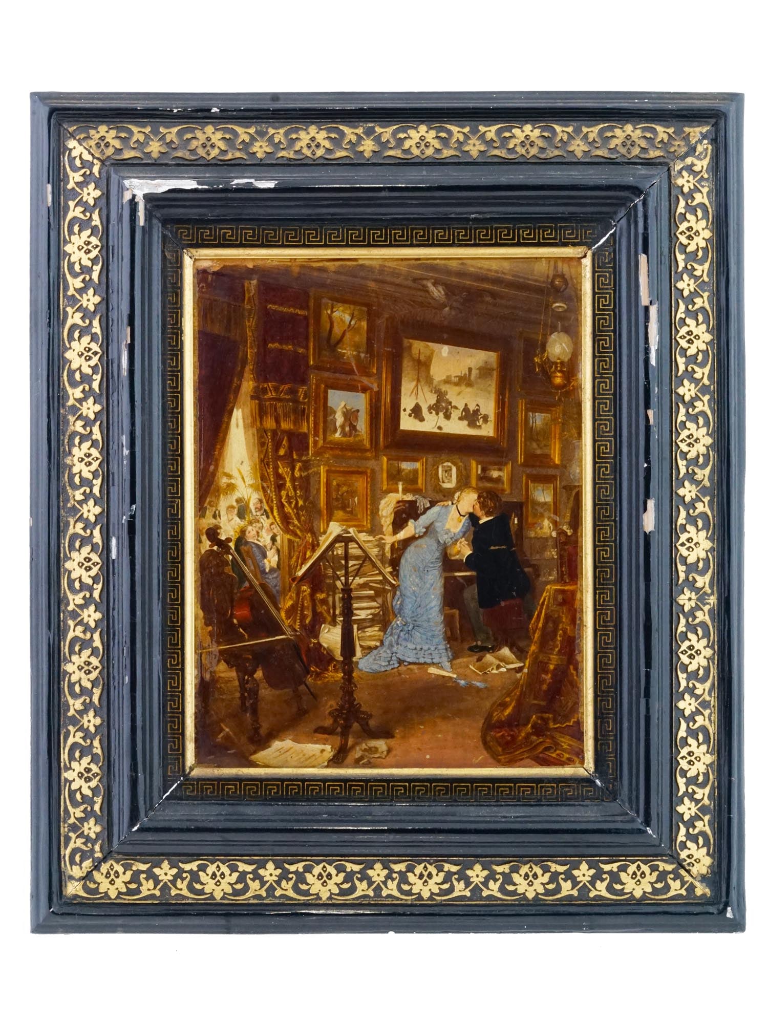 SWEDISH ILLUSTRATION OIL PAINTING AFTER KNUT EKWALL: A vintage oil painting on board depicting a salon interior scene with kissing couple of lovers after the original painting by Knut Ekvall, Swedish, 1843 to 1912. Framed. Circa: the first half of the 2
