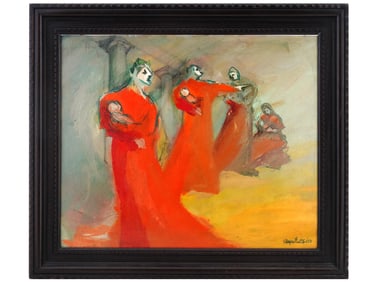 MID CENTURY OIL ON BOARD PAINTING TROJAN WOMEN