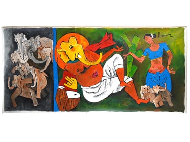 AFTER MF HUSAIN INDIAN ACRYLIC PAINTING ELEPHANTS