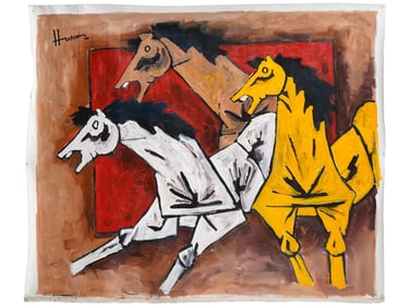 MAQBOOL FIDA HUSAIN MANNER INDIAN OIL PAINTING